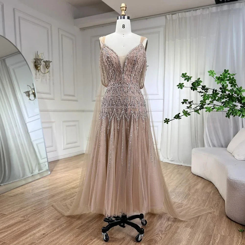 Zapdress Customized 2025 Nude A-Line Midi Ankle Lengt Prom Dresses Glitter Beaded Evening Party Gowns for Women (ZD17237)