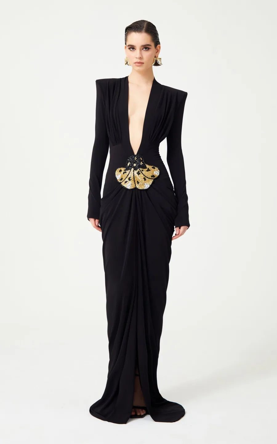 Deep V Neck Long Sleeves Black Maxi Dress Party Gown