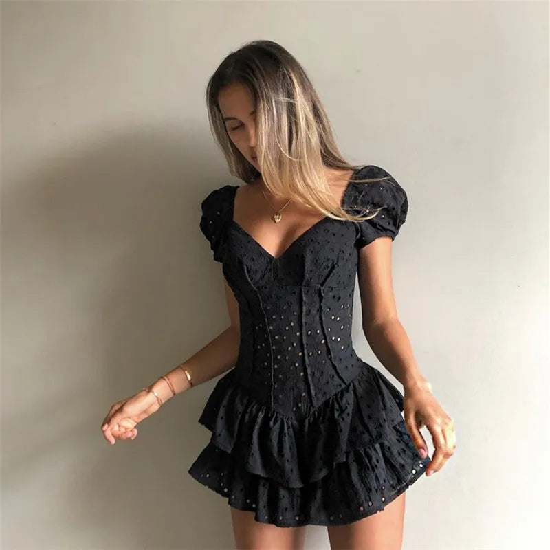 Pleated Puff Sleeve Ruffle V Neck Mini Dress - VelvetHem