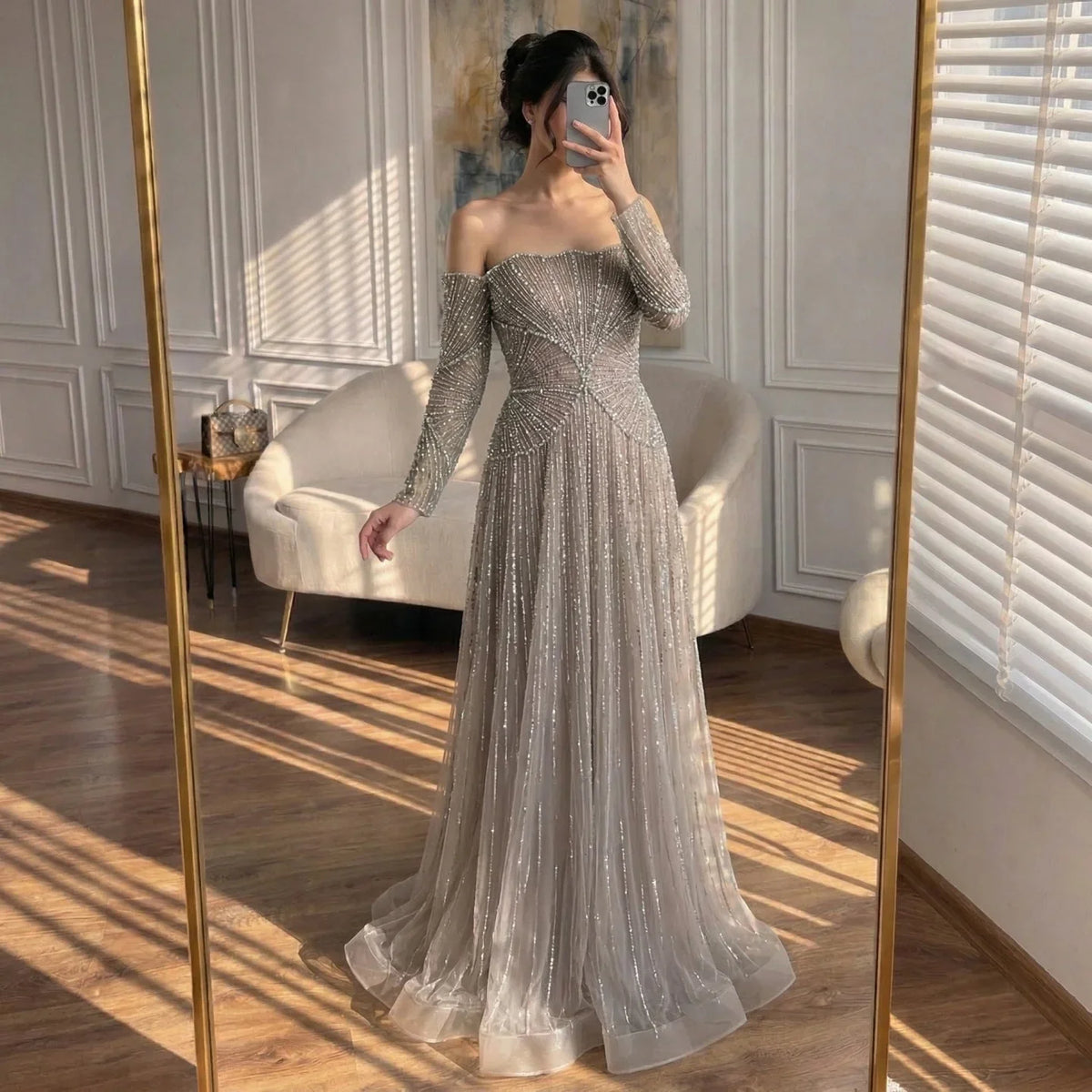 Zapdress Customized Off Shoulder Long Sleeves A-line Prom Dress for Women Formal Wedding Party Evening Gowns (ZD17263)