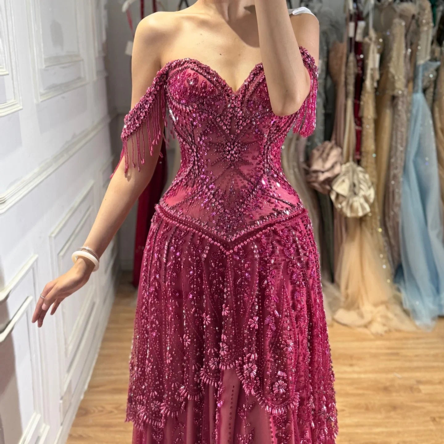 Zapdress 2026 Off-Shoulder Fuchsia Beaded Evening Dress Elegant Wedding Party Gown for Women DLA73594 Customized (ZD17243)
