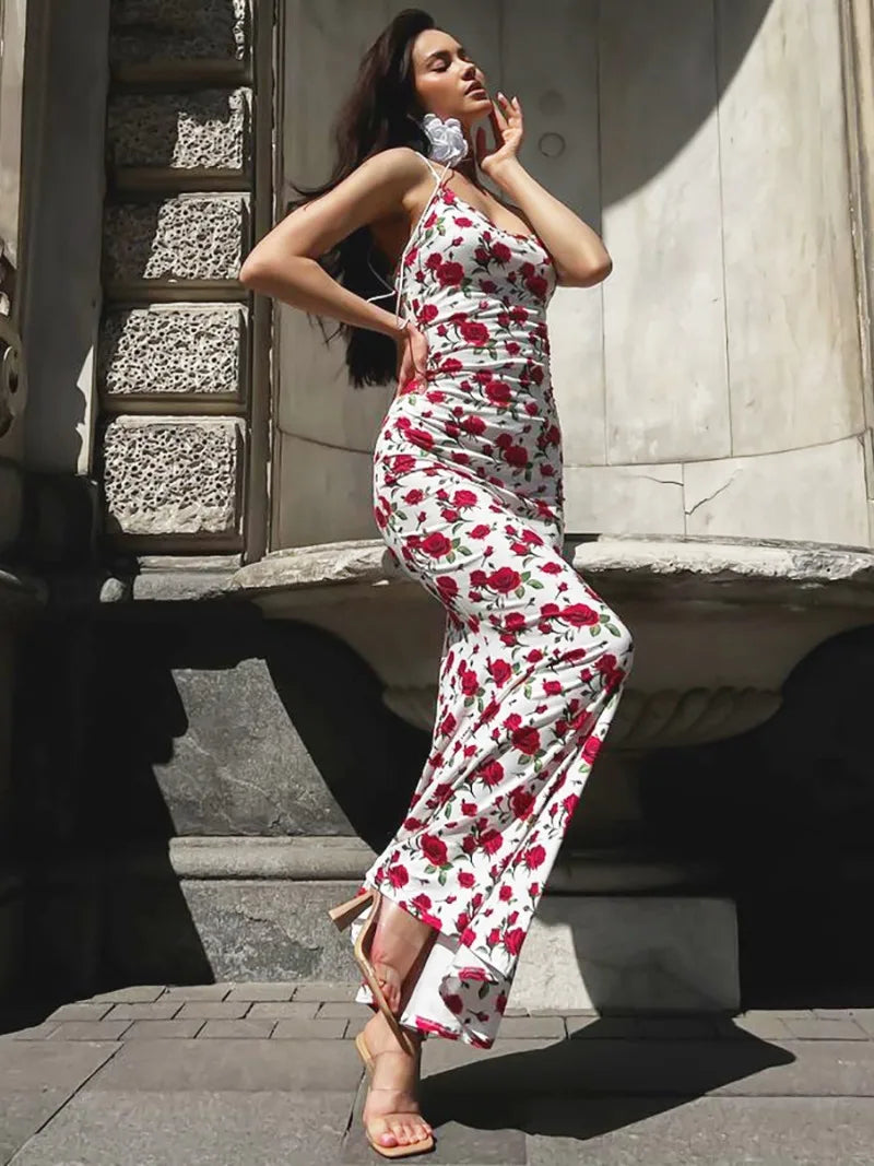 Fashion Sleeveless Bodycon Floral Dresses High Street Sexy Woman Clothes Spaghetti Strap Slim Vacation Party Long Dress