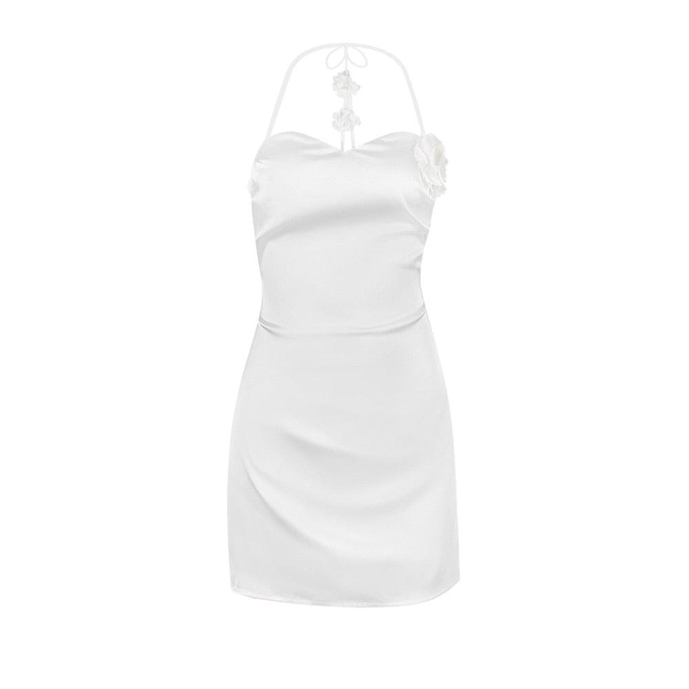 Aligned With You Satin Rose Halter Mini Dress