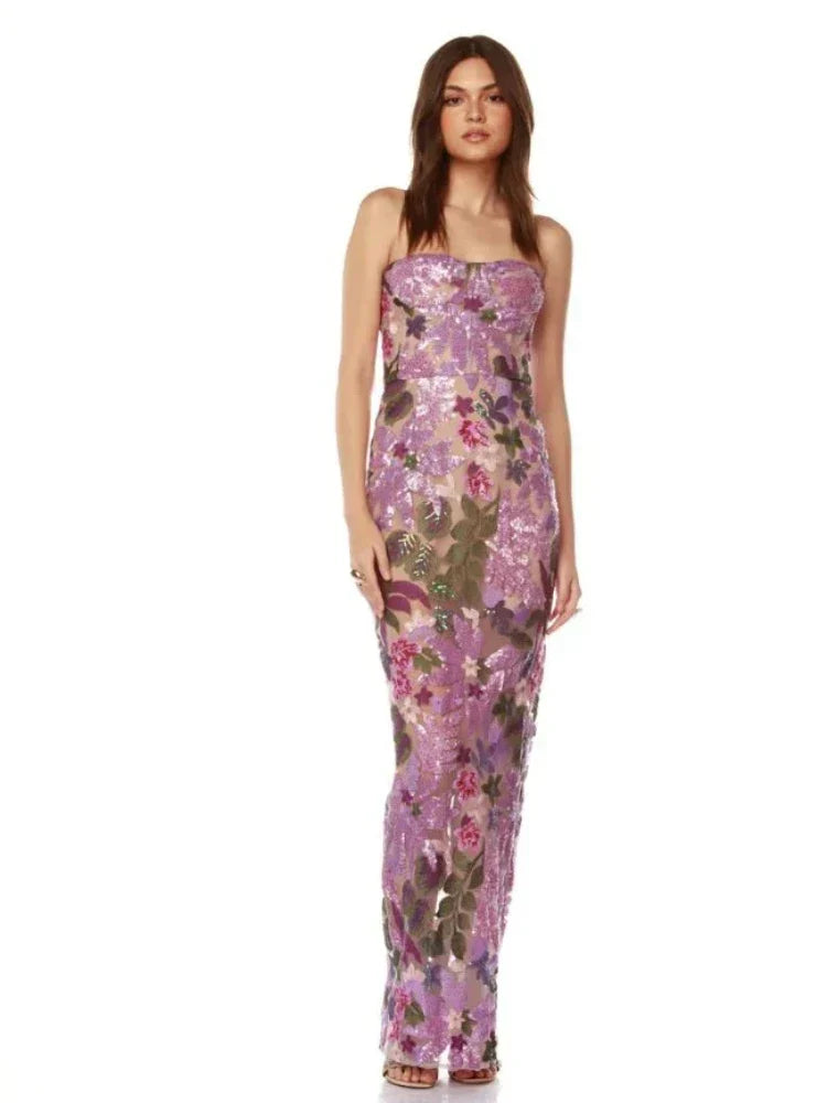 Floral - Embellished Sequin Lavender Ankle Length Dress