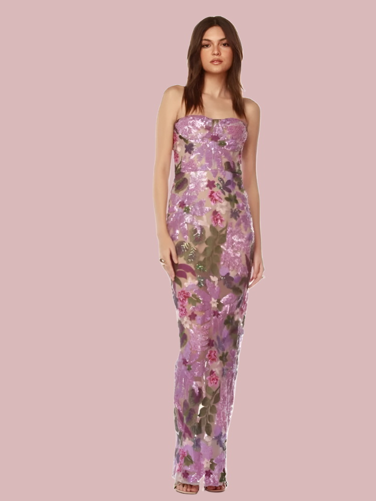 Floral - Embellished Sequin Lavender Ankle Length Dress