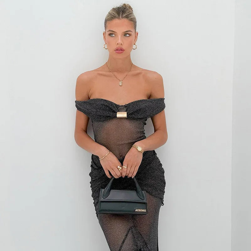 Mesh Ruffled Gray Off - shoulder Long Dress
