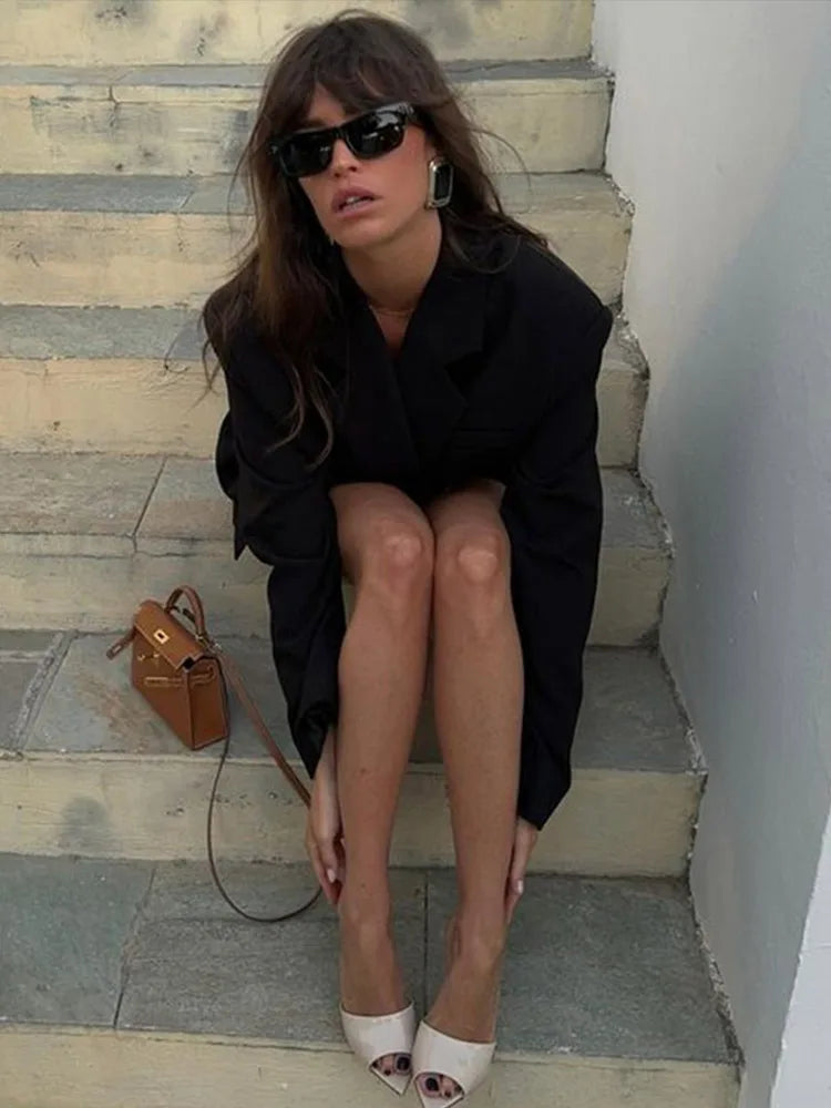 Lace - up V Neck Solid Blazer Dress
