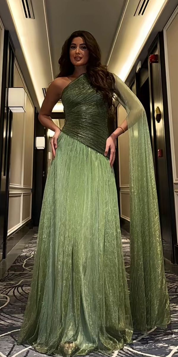 Shiny Green One Shoulder Tulle Pleated Long Wedding Guest Dress Formal Evening Dress - View 2 | VelvetHem