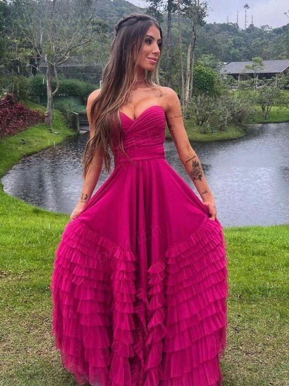 Pink Sweetheart Multilayer Prom Dress Strapless A-line Tulle Maxi Dress - View 2 | VelvetHem