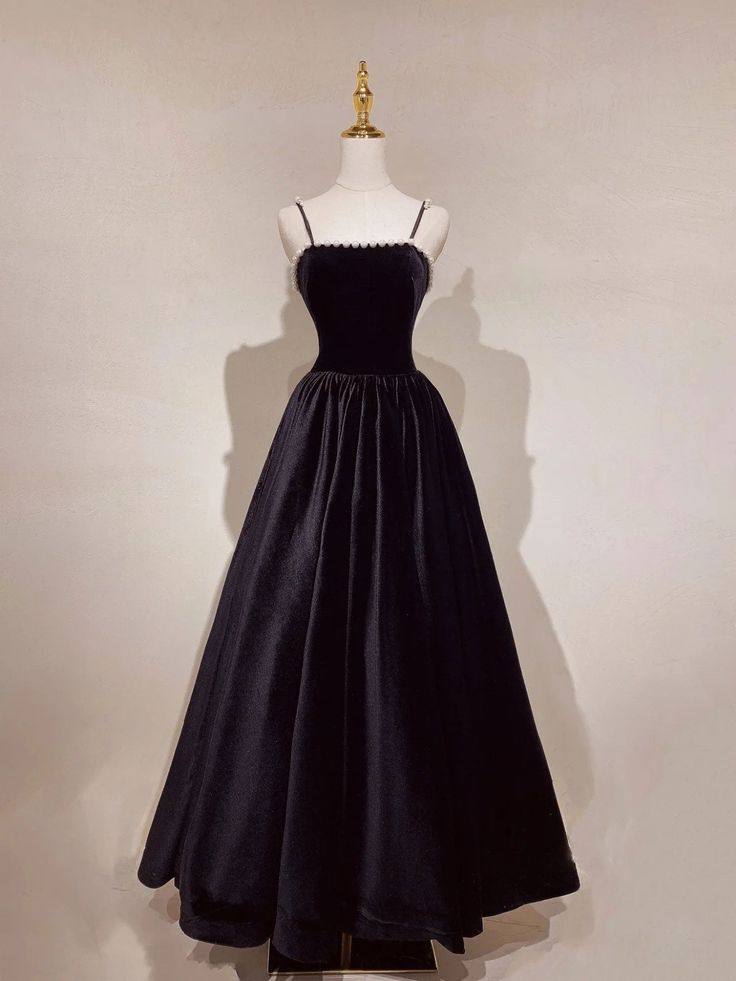 Aline Black Velvet Long Prom Dress, Black Formal Graduation With Beading - VelvetHem