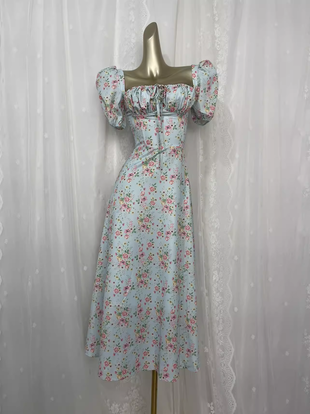 Vintage A line Square Neckline Floral Vacation Beach Dress Birthday Dress - VelvetHem