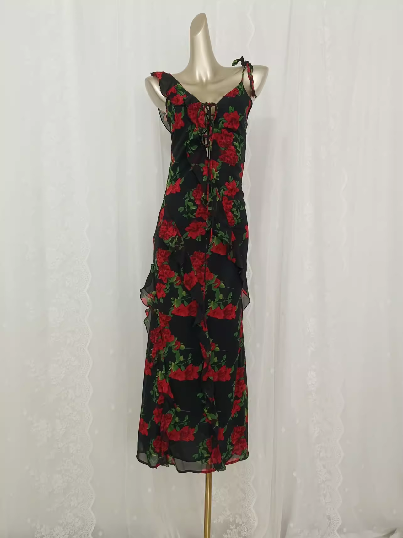 Vintage A line Spaghetti Straps Red Rose Travel Vacation Floral Beach Dress Birthday Outfits