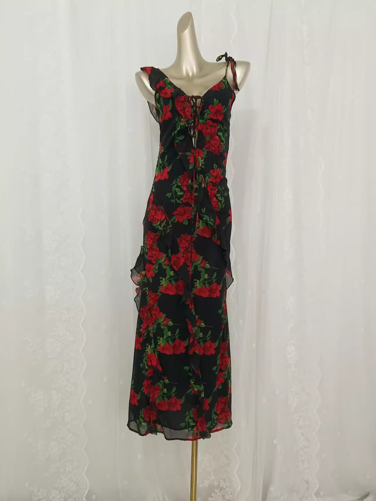 Vintage A line Spaghetti Straps Red Rose Travel Vacation Floral Beach Dress Birthday Outfits - VelvetHem