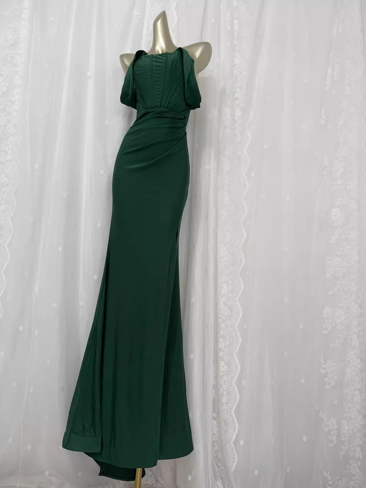 Vintage Mermaid Off The Shoulder Green Vacation Dress Satin Birthday Dresses - VelvetHem