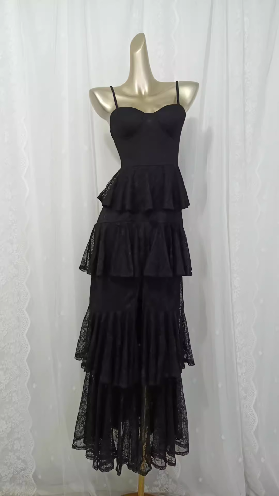 Vintage A line Spaghetti Straps Lace Vacation Black Beach Dress Long Dress - VelvetHem