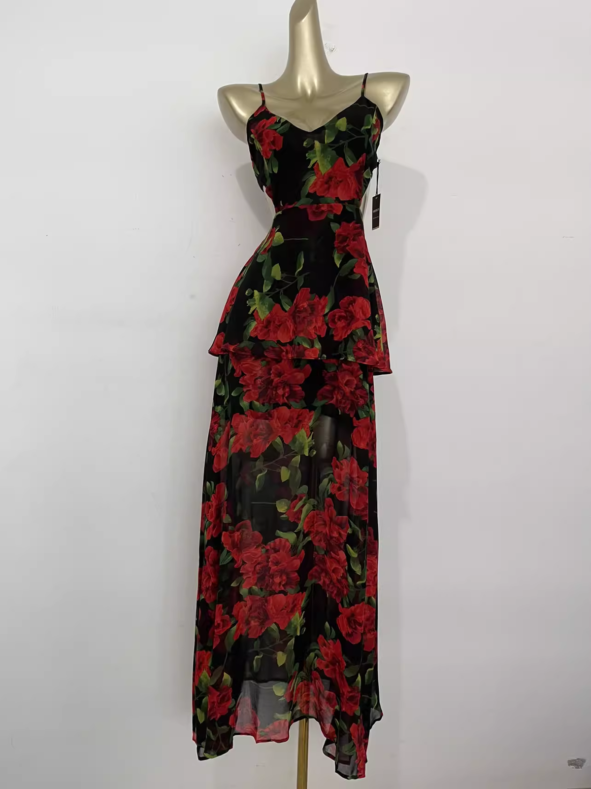 Vintage A line Spaghetti Straps Red Rose Travel Vacation Floral Beach Dress Long Dress - VelvetHem
