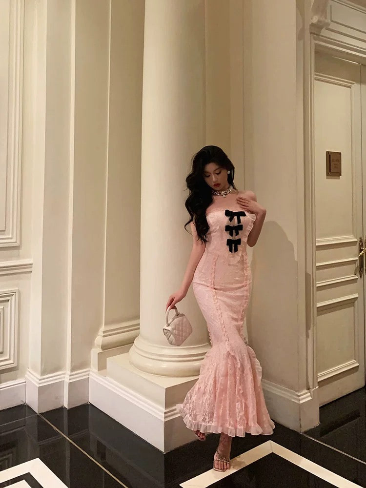 Classy Mermaid Strapless Lace Pink Prom Dresses Birthday Outfits Evening Gown - View 2 | VelvetHem