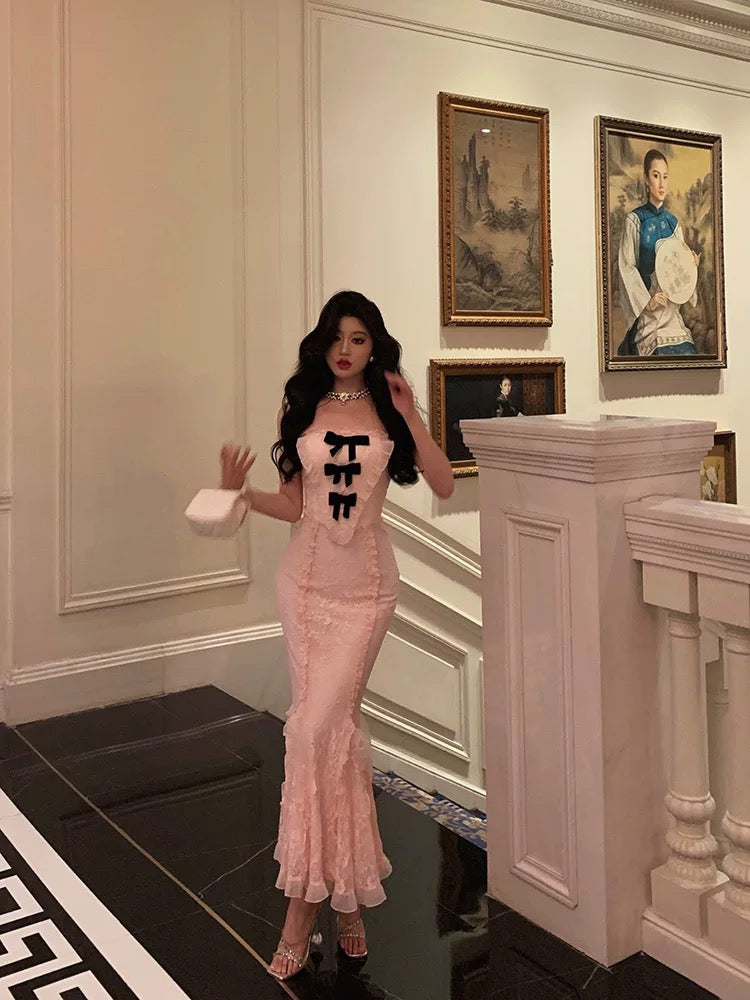 Classy Mermaid Strapless Lace Pink Prom Dresses Birthday Outfits Evening Gown - View 3 | VelvetHem