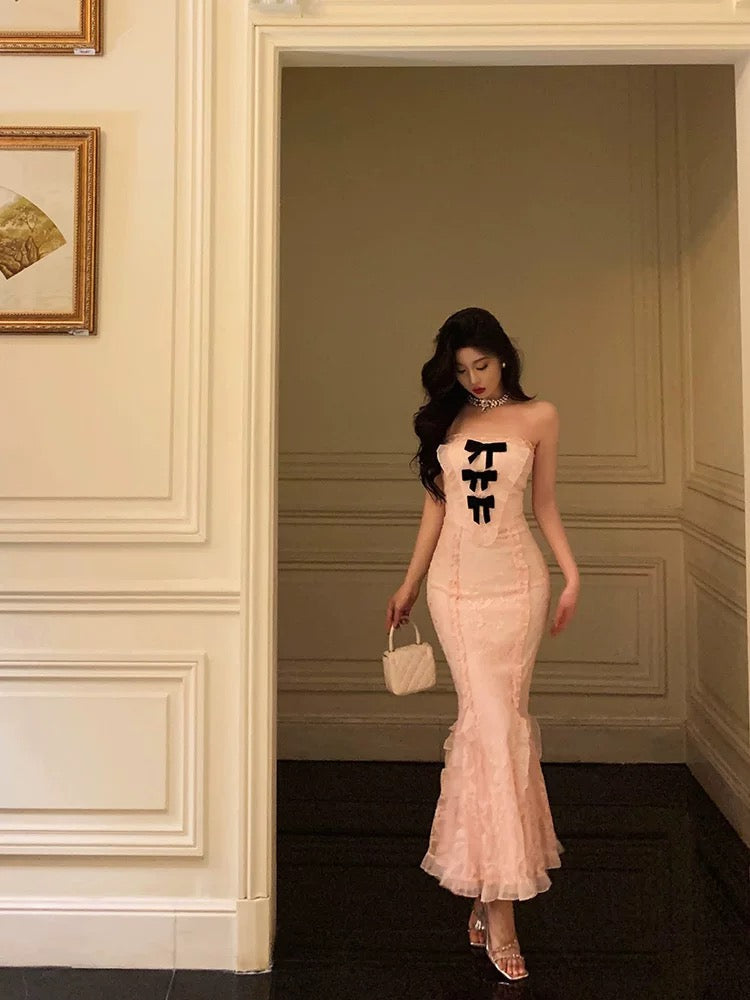 Classy Mermaid Strapless Lace Pink Prom Dresses Birthday Outfits Evening Gown - View 4 | VelvetHem