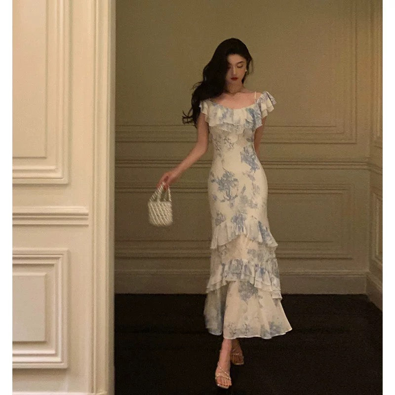 Sexy French Sheath Blue Floral Ruffles Prom Dresses Birthday Outfits Evening Gown - View 5 | VelvetHem