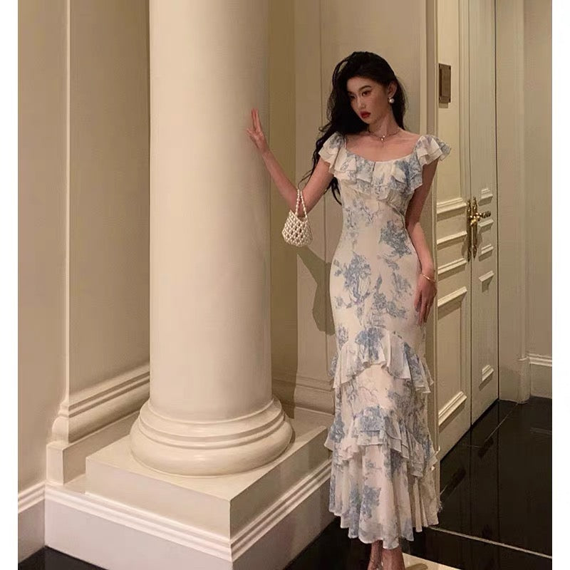 Sexy French Sheath Blue Floral Ruffles Prom Dresses Birthday Outfits Evening Gown