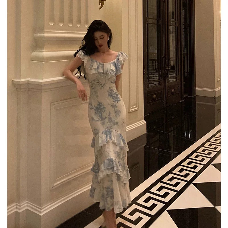 Sexy French Sheath Blue Floral Ruffles Prom Dresses Birthday Outfits Evening Gown - View 2 | VelvetHem