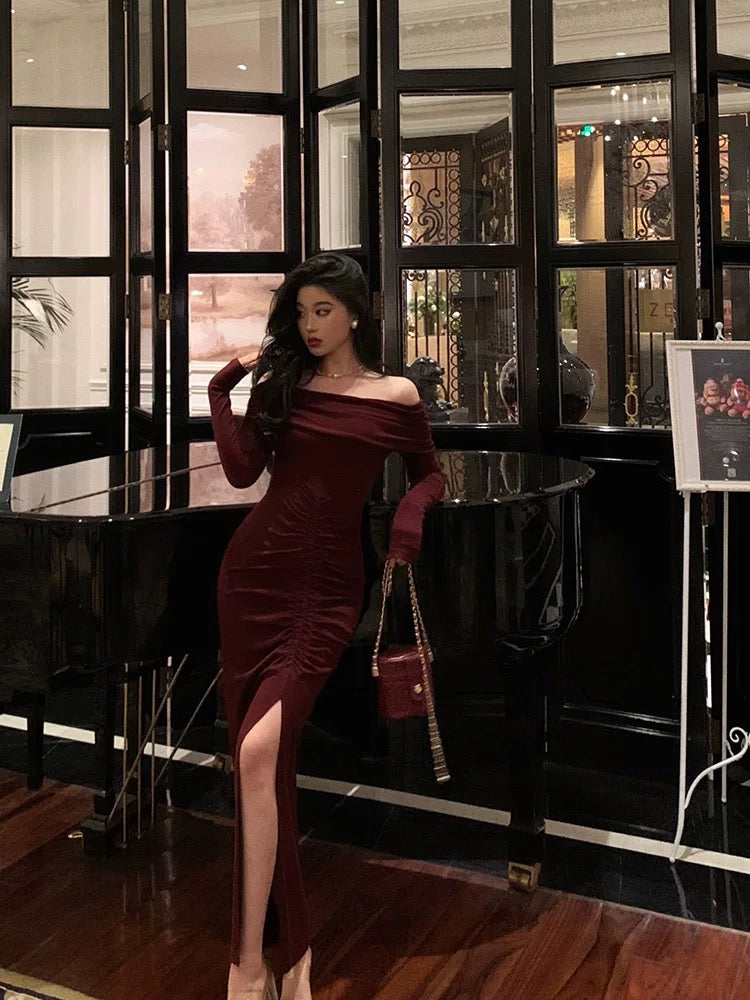 Sexy French Sheath Off The Shoulder Burgundy Split Prom Dresses Birthday Outfits Evening Gown - View 3 | VelvetHem