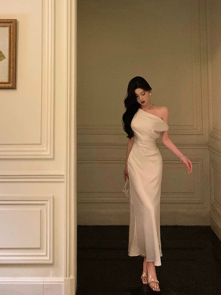 Sexy French Sheath One Shoulder White Prom Dresses Birthday Outfits Evening Gown - View 3 | VelvetHem