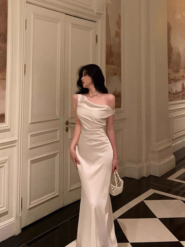 Sexy French Sheath One Shoulder White Prom Dresses Birthday Outfits Evening Gown