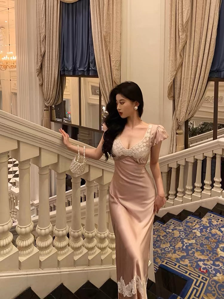Sexy French Sheath V Neckline Long Pink Prom Dresses Birthday Outfits Evening Gown - View 3 | VelvetHem