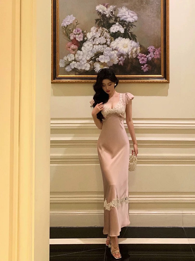 Sexy French Sheath V Neckline Long Pink Prom Dresses Birthday Outfits Evening Gown - View 5 | VelvetHem