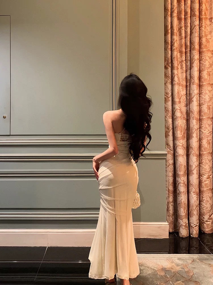Gorgeous Mermaid Spaghetti Straps White Floral Date Night Dress Long Prom Dresses Birthday Outfits