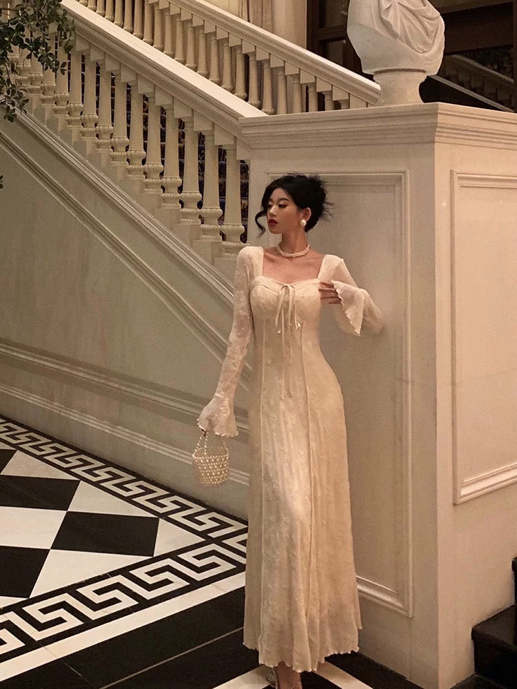 Gorgeous A line Long Sleeves Lace Date Night Dress Long Prom Dresses Birthday Outfits