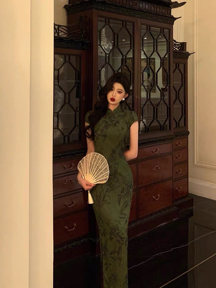 Gorgeous Sheath High Neckline Short Sleeves Green Date Night Dress Long Prom Dresses Birthday Outfits