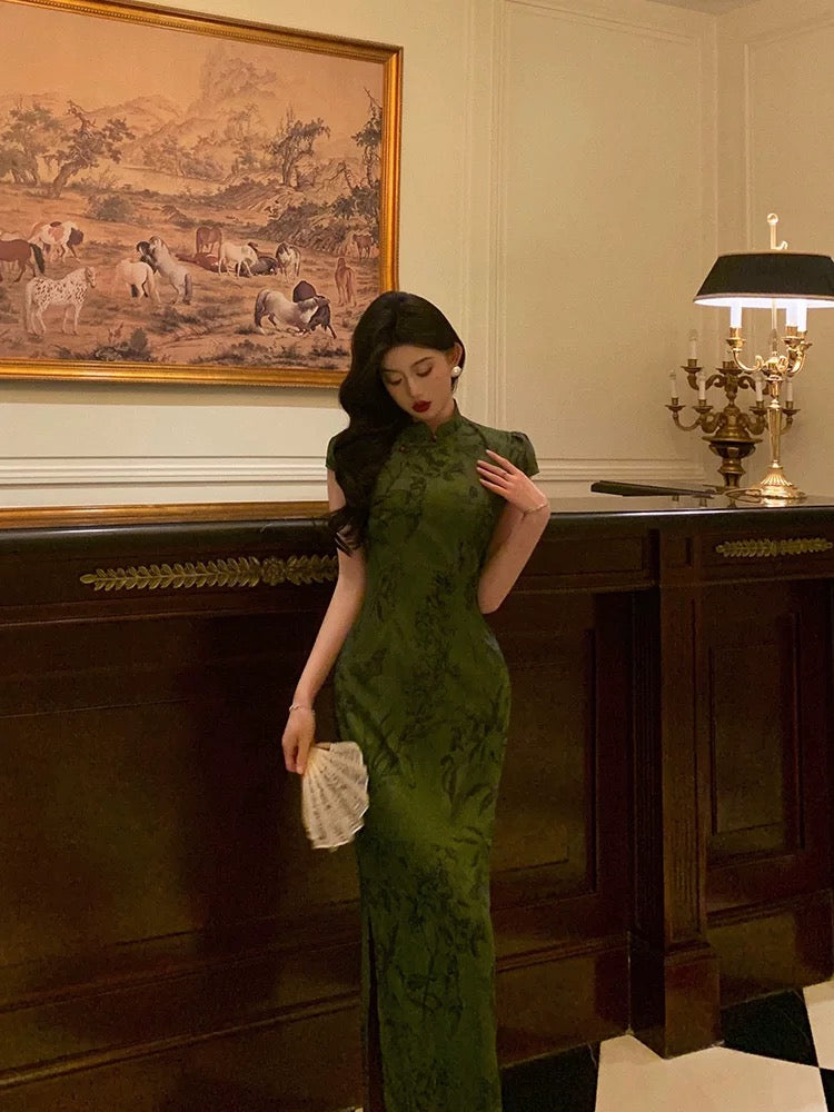 Gorgeous Sheath High Neckline Short Sleeves Green Date Night Dress Long Prom Dresses Birthday Outfits - View 4 | VelvetHem