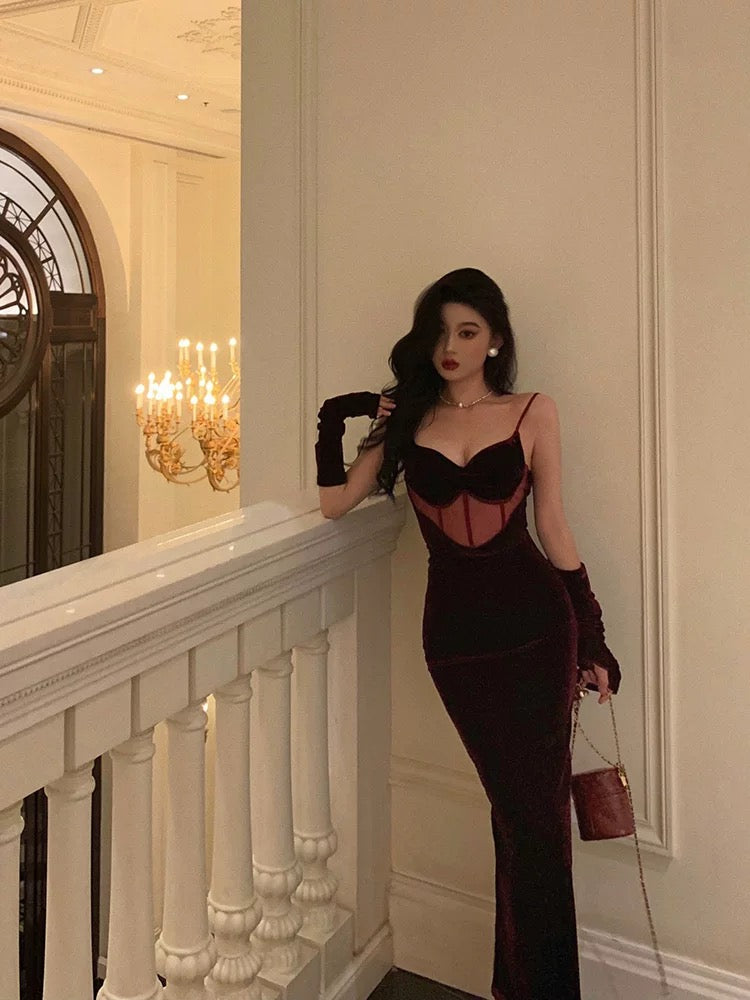 Gorgeous Mermaid Spaghetti Straps Date Night Dress Burgundy Velvet Long Prom Dresses Birthday Outfits