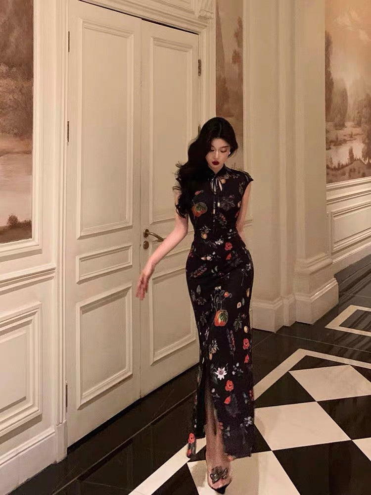 Gorgeous Sheath High Neckline Black Floral Date Night Dress Long Prom Dresses Birthday Outfits