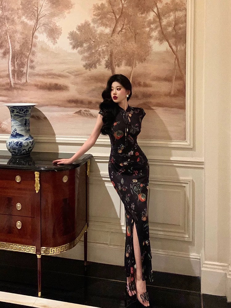 Gorgeous Sheath High Neckline Black Floral Date Night Dress Long Prom Dresses Birthday Outfits - View 5 | VelvetHem