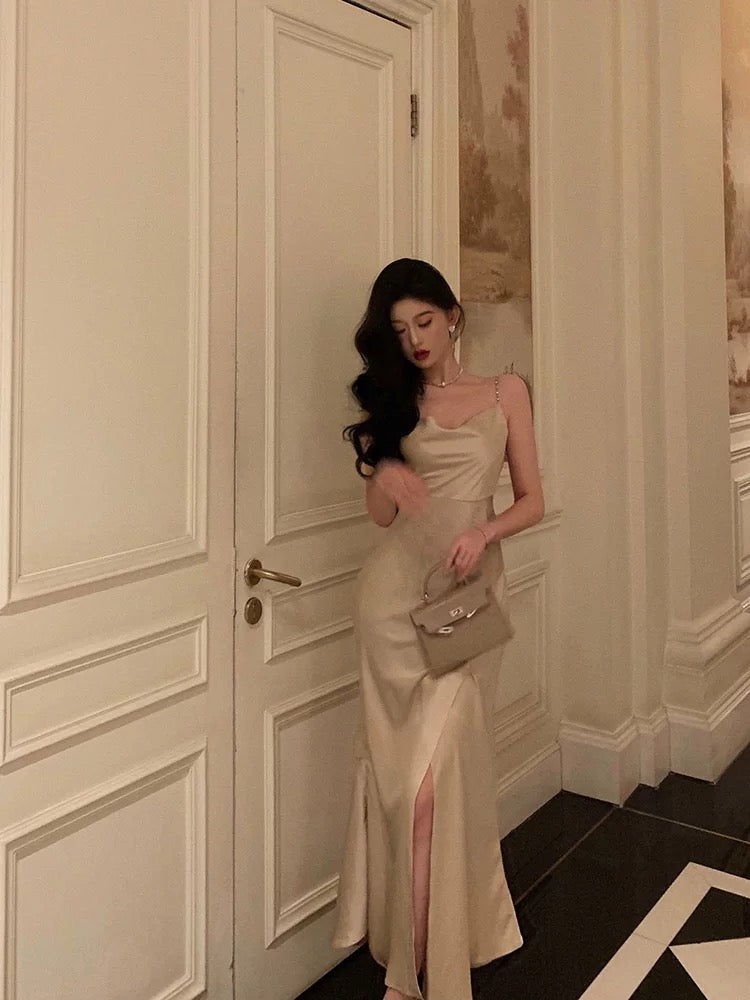 Gorgeous Mermaid Spaghetti Straps Champagne Slit Date Night Dress Prom Dresses Birthday Outfits