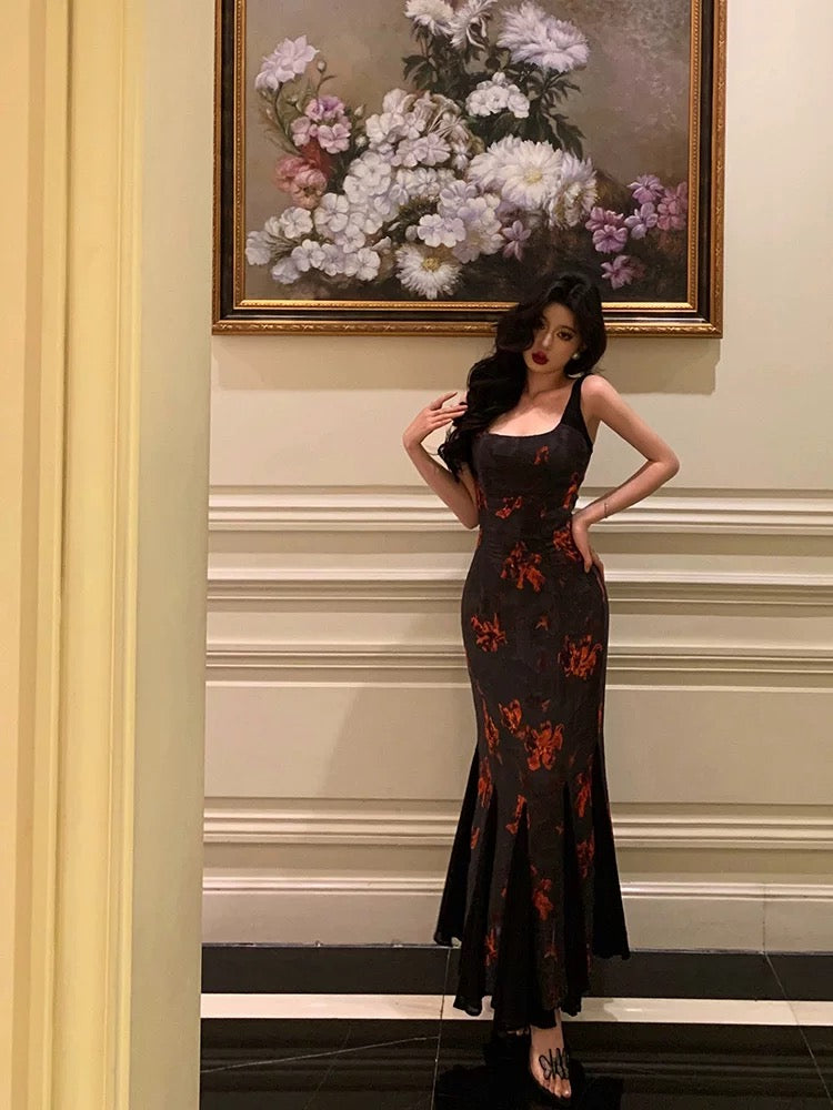 Classy Sheath Straps Black Floral Prom Dresses Birthday Outfits Evening Gown - View 4 | VelvetHem