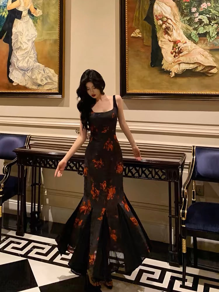 Classy Sheath Straps Black Floral Prom Dresses Birthday Outfits Evening Gown