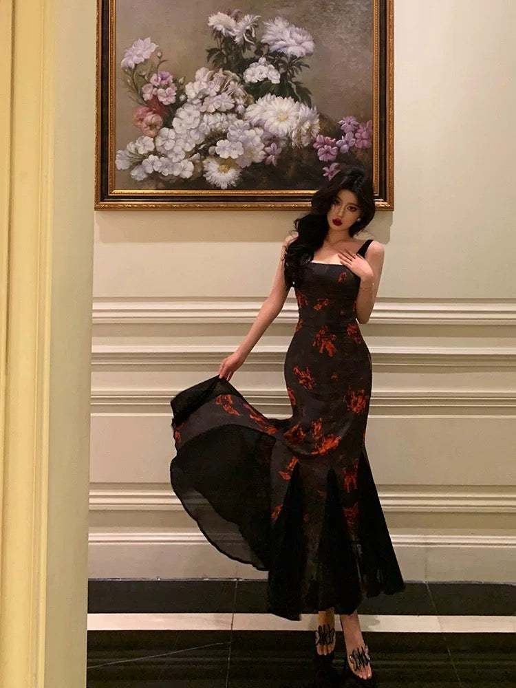 Classy Sheath Straps Black Floral Prom Dresses Birthday Outfits Evening Gown - View 3 | VelvetHem