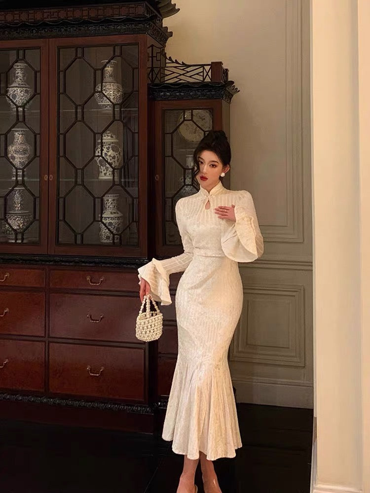 Gorgeous Mermaid High Neckline Ivory Satin Date Night Dress Prom Dresses Birthday Outfits