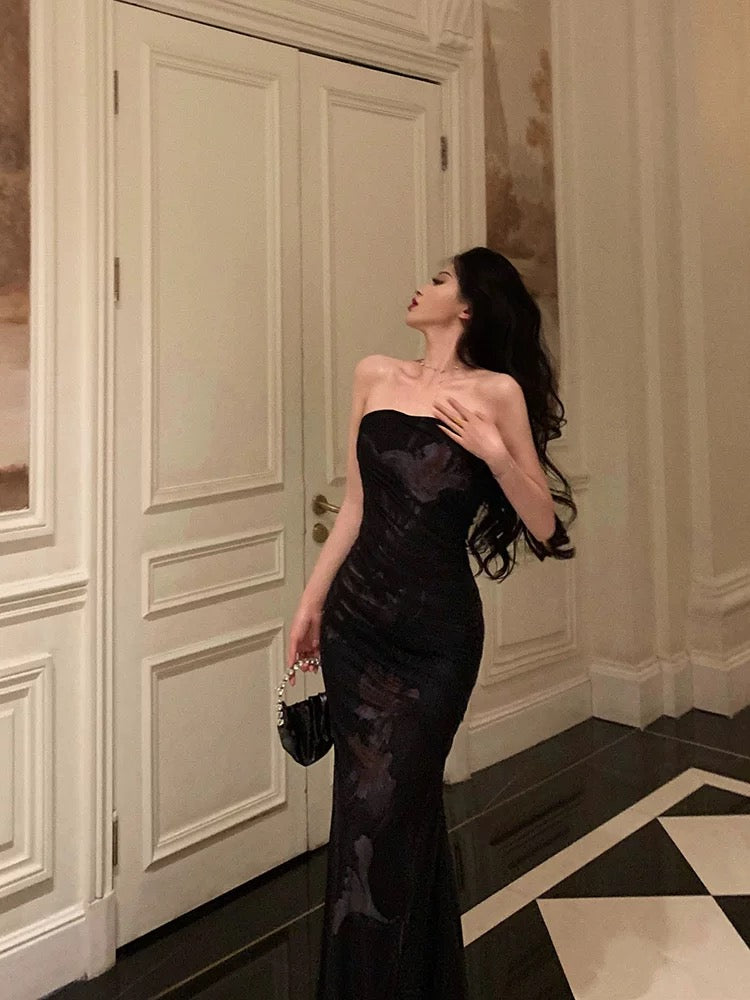 Classy Sheath Strapless Black Floral Prom Dresses Birthday Outfits Evening Gown - View 3 | VelvetHem