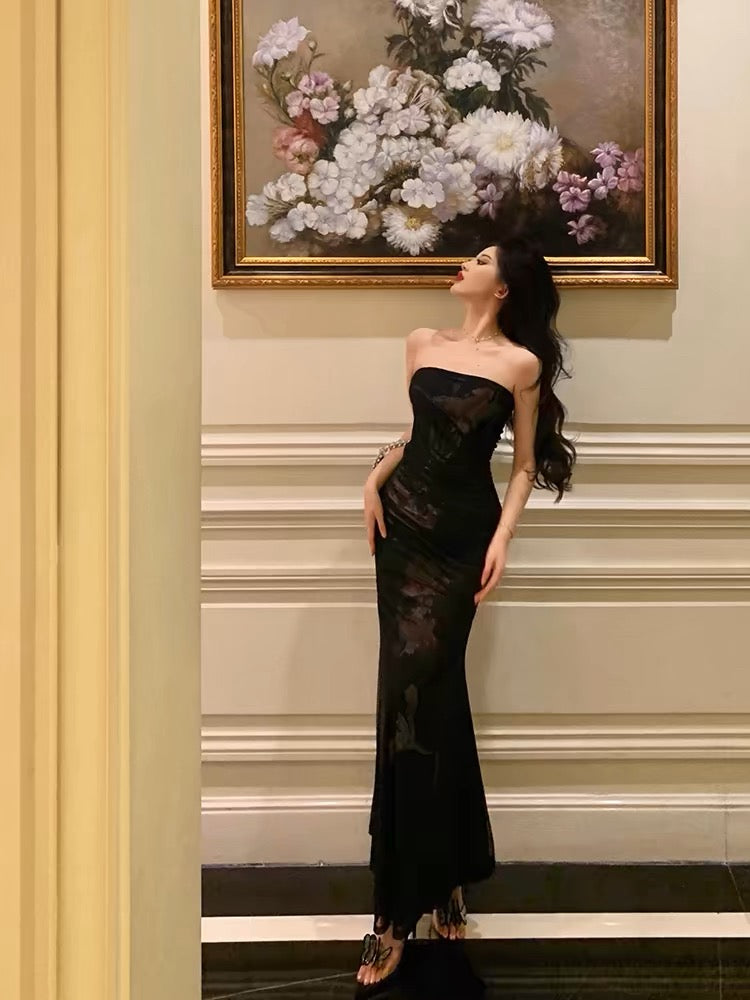Classy Sheath Strapless Black Floral Prom Dresses Birthday Outfits Evening Gown