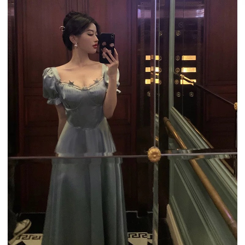 Classy A Line Sweetheart Blue Satin Prom Dresses Birthday Outfits Evening Gown - View 3 | VelvetHem