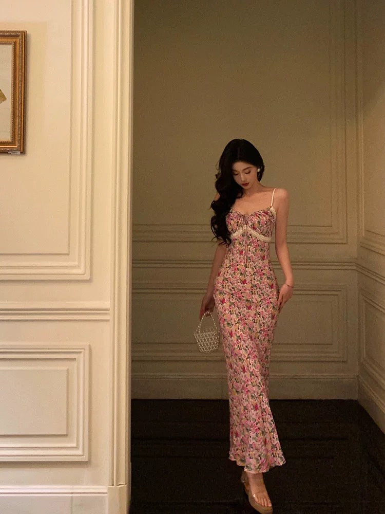 Gorgeous Mermaid Spaghetti Straps Pink Floral Date Night Dress Long Prom Dresses Birthday Outfits - View 4 | VelvetHem