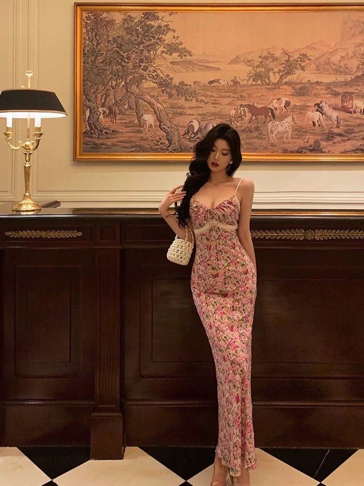 Gorgeous Mermaid Spaghetti Straps Pink Floral Date Night Dress Long Prom Dresses Birthday Outfits - View 2 | VelvetHem