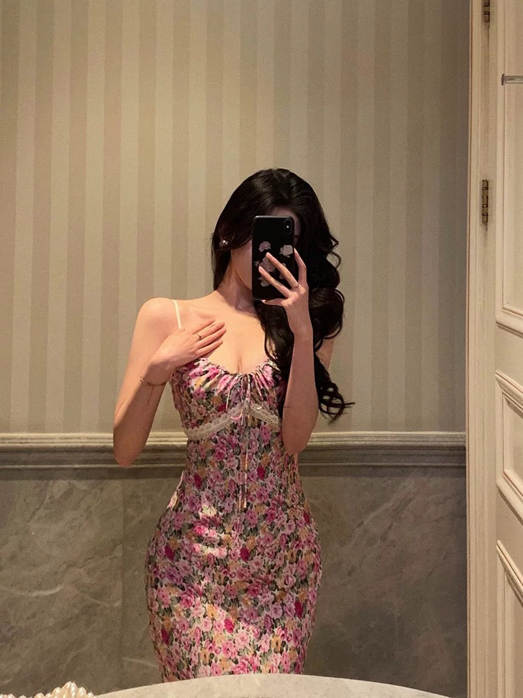 Gorgeous Mermaid Spaghetti Straps Pink Floral Date Night Dress Long Prom Dresses Birthday Outfits - View 5 | VelvetHem