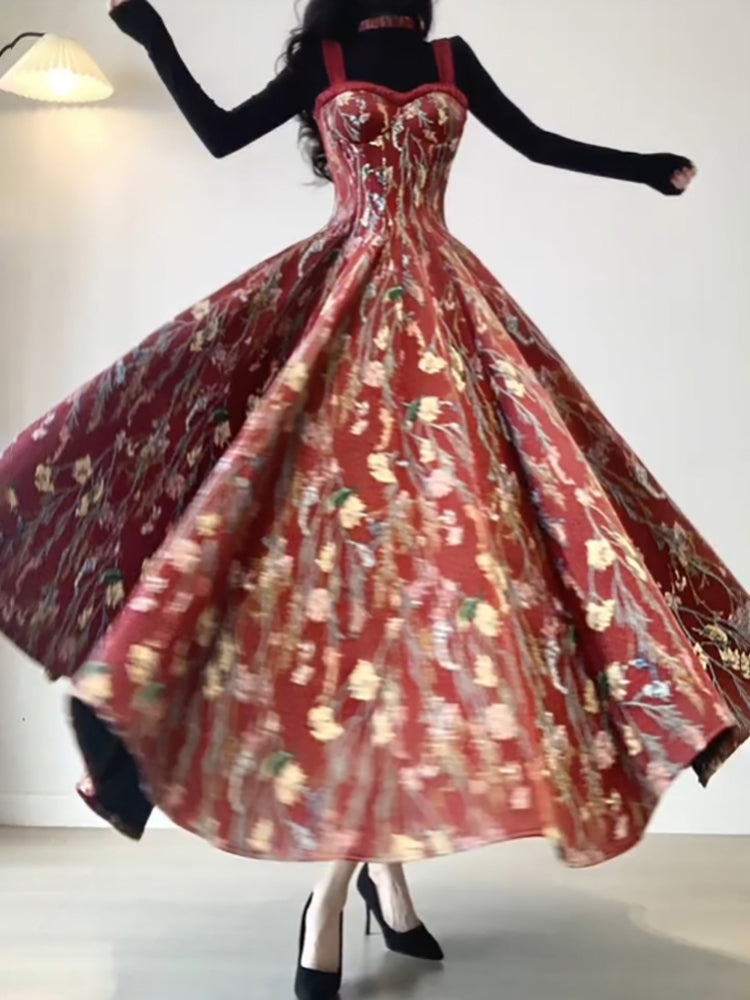 Vintage A line Spaghetti Straps Red Floral Long Birthday Dresses Prom Dress Birthday Outfits - View 2 | VelvetHem